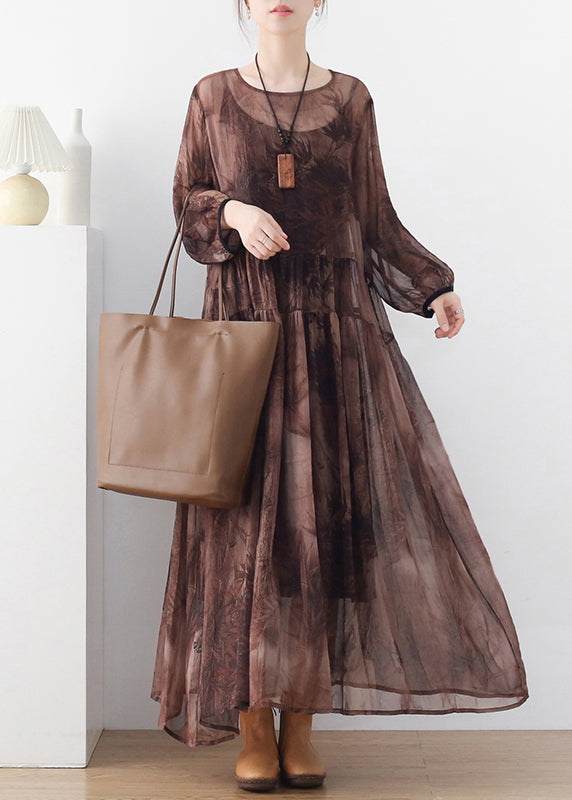 Chocolate O-neck Print Chiffon Long Dress and Spaghetti Strap Dress Two Pieces Set Long Sleeve