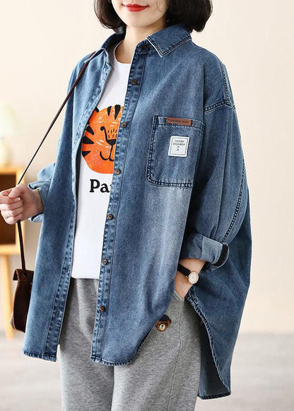Blue Peter Pan Collar Oversized Applique Cotton Denim Coat Spring