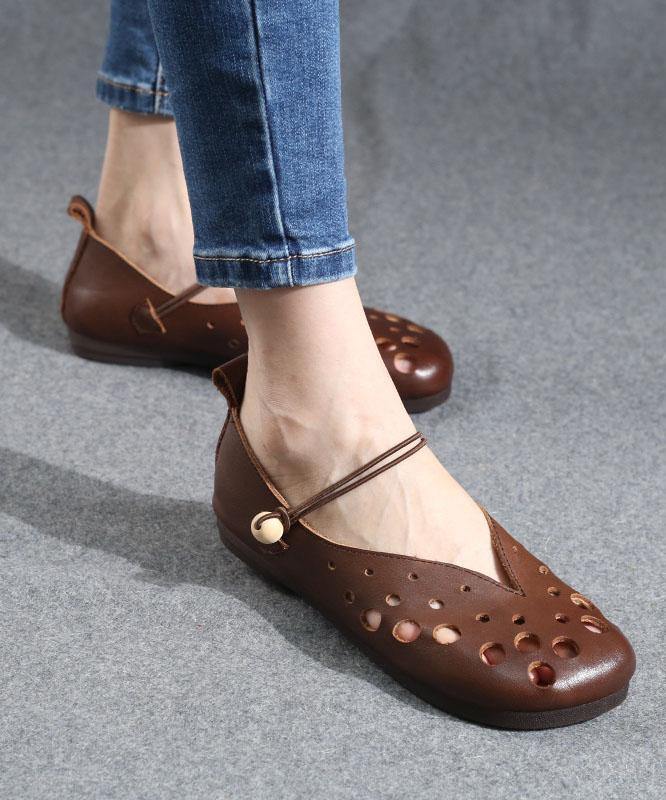 Cowhide Chocolate Leather Flat Shoes for Hollow Out Flat Shoes