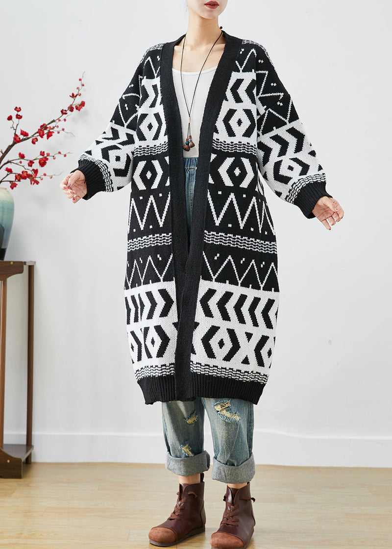 Black Oversized Print Knit Long Cardigans Fall