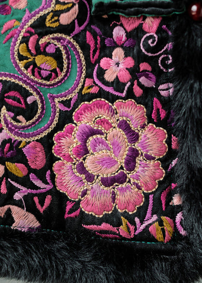 Chinese Style Green Rabbit Hair Collar Embroideried Thick Cotton Waistcoat Sleeveless