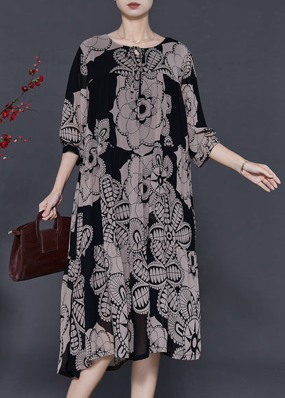 Khaki Oversized Print Chiffon Dresses Fall
