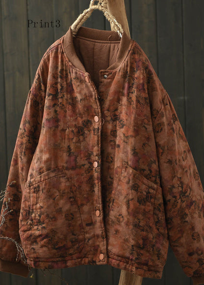 Stand Collar Pockets Print Fine Cotton Filled Coat Spring