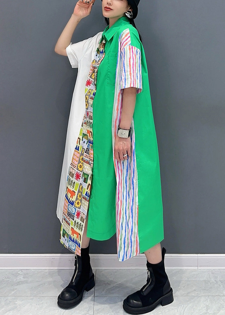 Green Print Pockets Patchwork Cotton Shirt Dress Half Sleeve