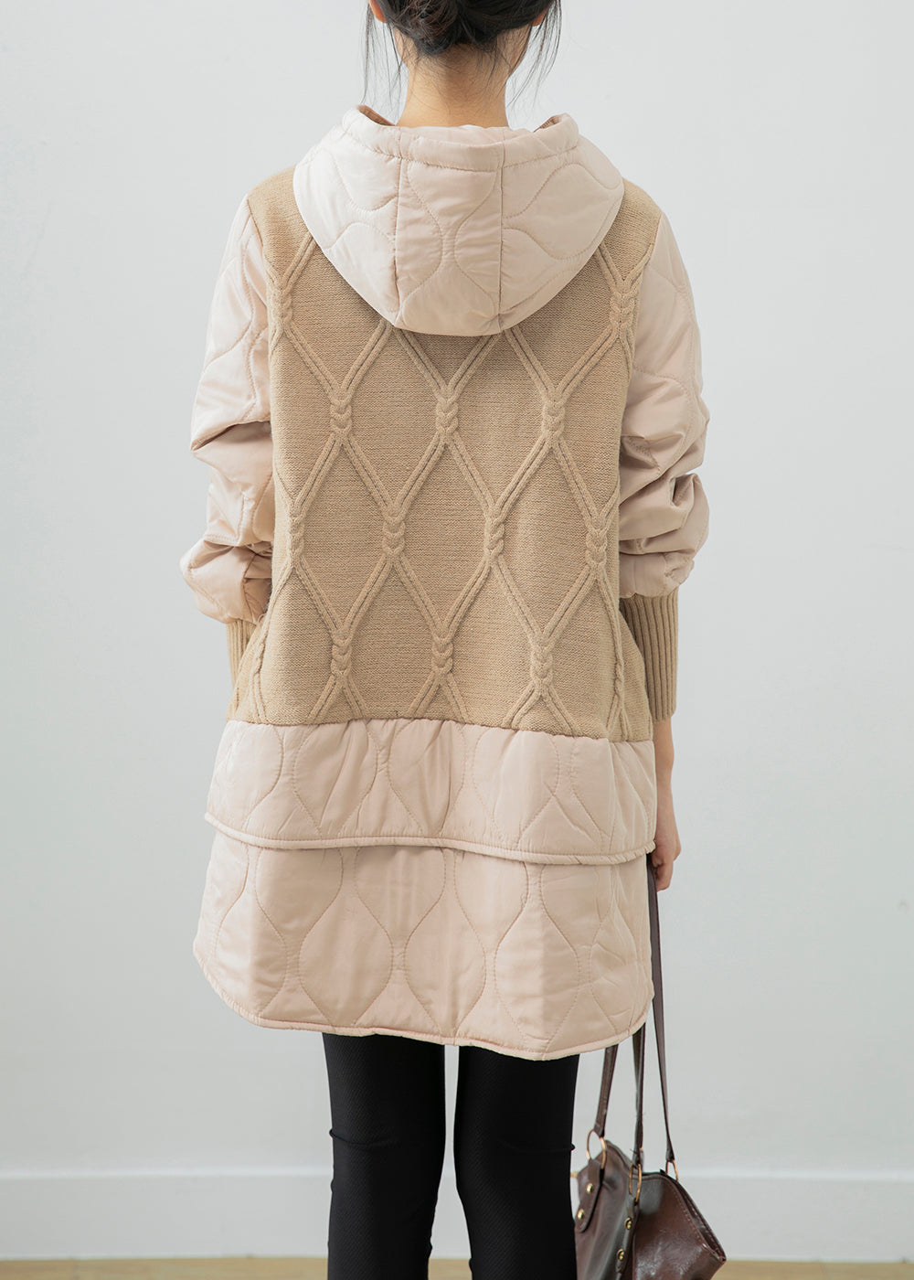 Beige Hooded Patchwork Fine Cotton Filled Sweatshirt Dress Winter