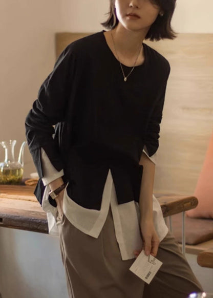 Loose Black O-neck False Two Pieces Cotton T Shirt Long Sleeve