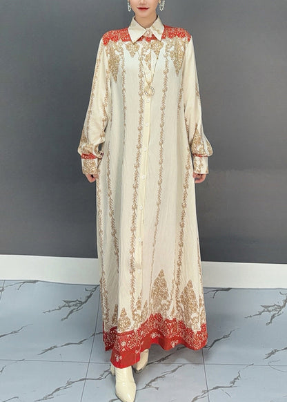 Red Print Button Holiday Maxi Shirts Dresses Fall
