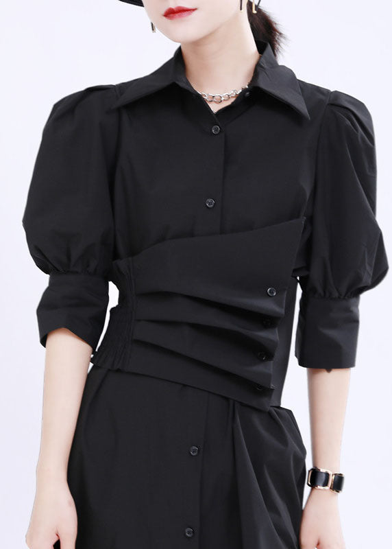 French Black Asymmetrical Design Color Cotton Shirt Dress Lantern Sleeve