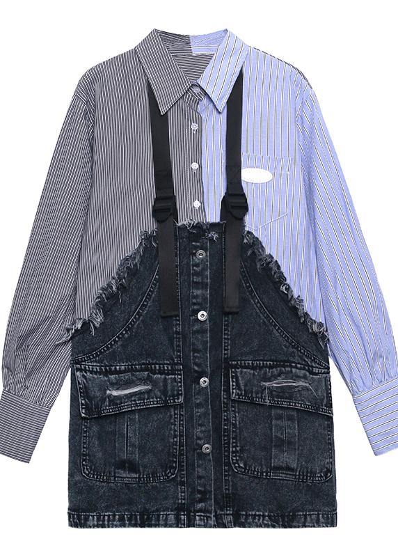 Lapel Spring Tunic Top Work Striped Patchwork Blouse