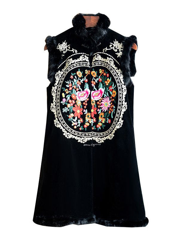 Black Fur Collar Embroideried Patchwork Silk Velour Waistcoat Sleeveless