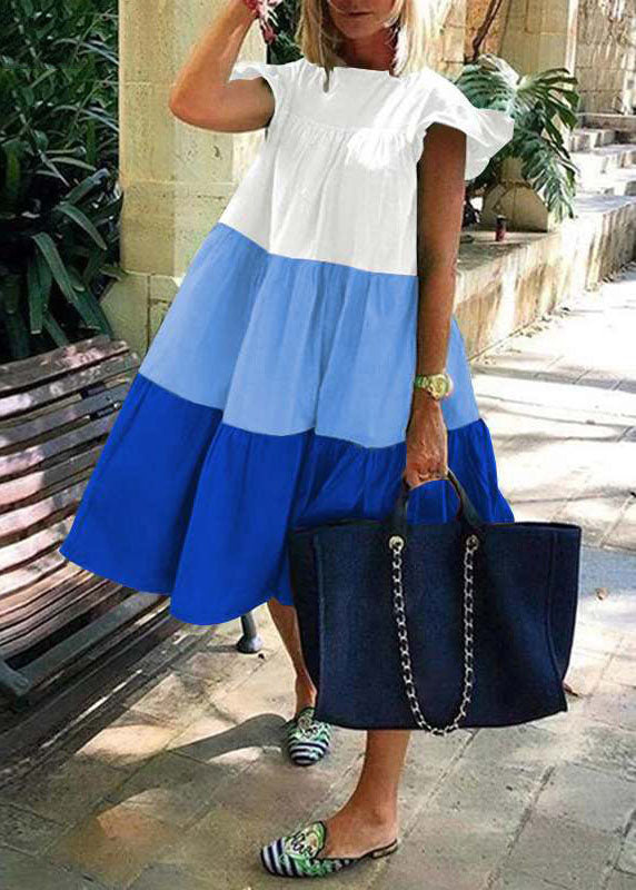 Green O-neck Layered Patchwork Beach Dress Short Sleeve