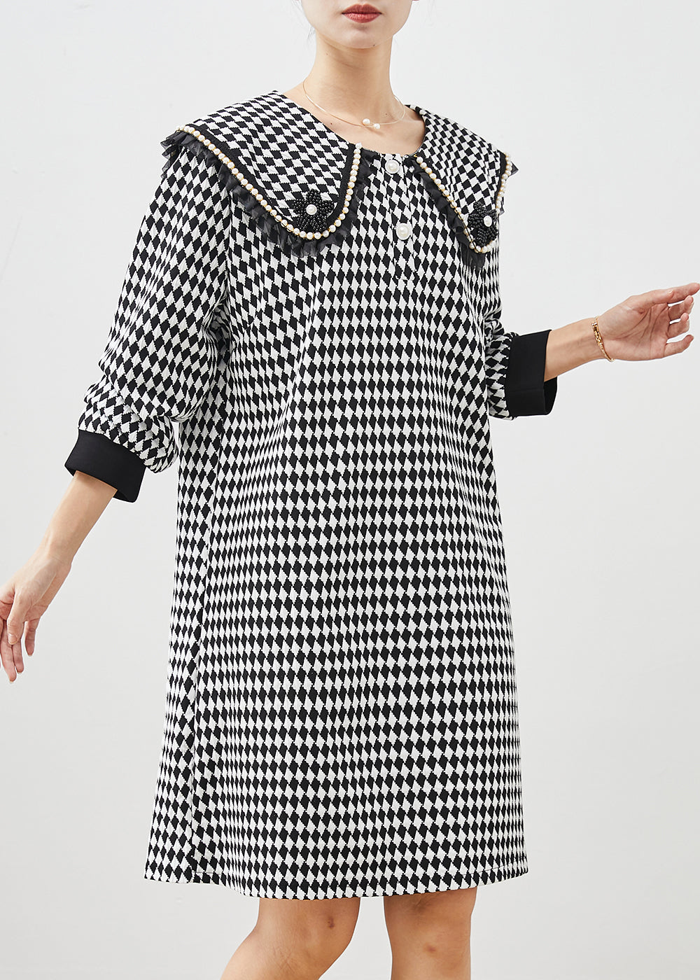 Black White Plaid Sailor Collar Cotton Dress Spring