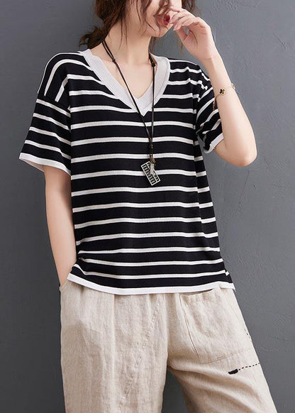Black Striped V Neck Cotton Linen Summer Tee