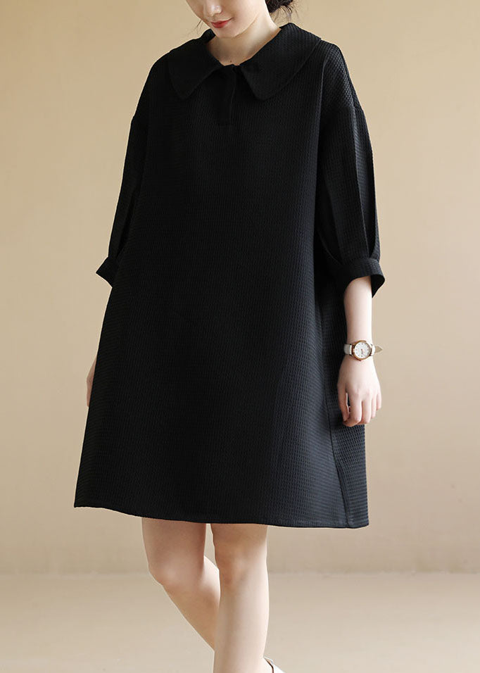 French Black Peter Pan Collar Waffle Cotton Vacation Mid Dress Bracelet Sleeve