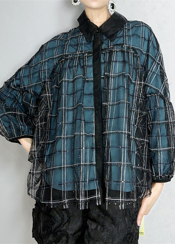 Blue Peter Pan Collar Plaid Button Tulle Shirts Spring