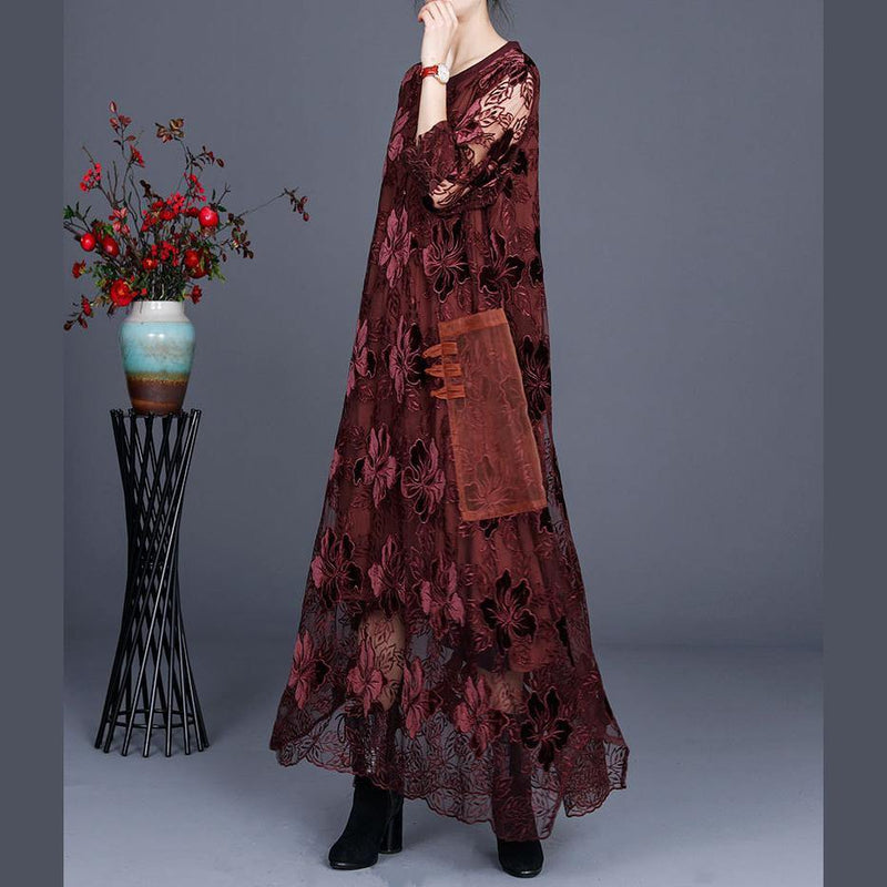 Loose Chocolate Long Lace Dress O Neck Maxi Dress