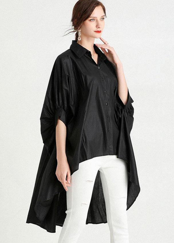 Art Black Wrinkled Button Summer Cotton Shirt Half Sleeve Top