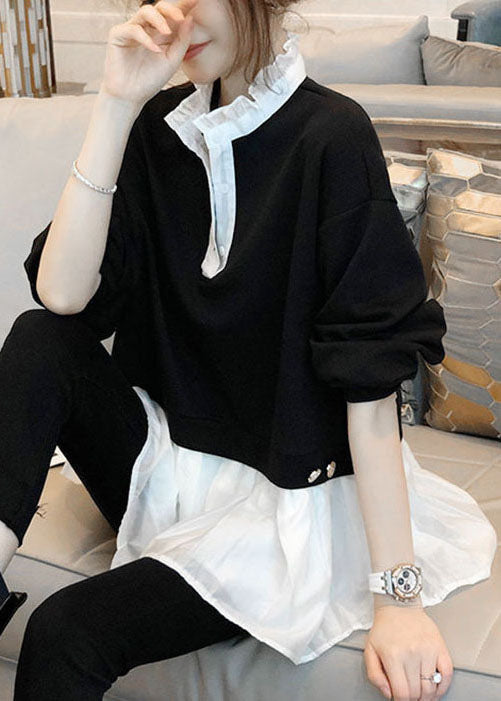 Diy Black Ruffled Patchwork Cotton Fake Two Piece Shirts Spring