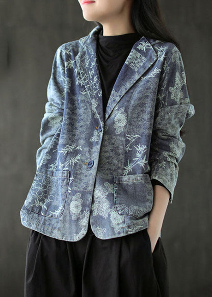 Blue Print Western-style Clothes Coat Pocket Long Sleeve