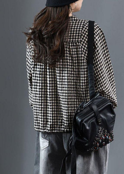 Black O-neck Plaid Fall Long Sleeve Trench
