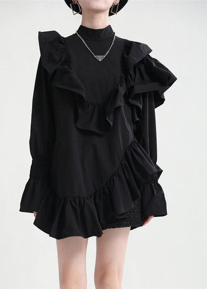Diy Black Stand Collar Asymmetrical Ruffled Dresses Spring