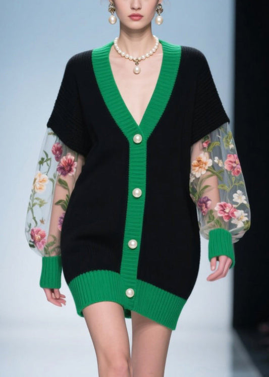 Black Print Patchwork Tulle Knitwear Dress Fall