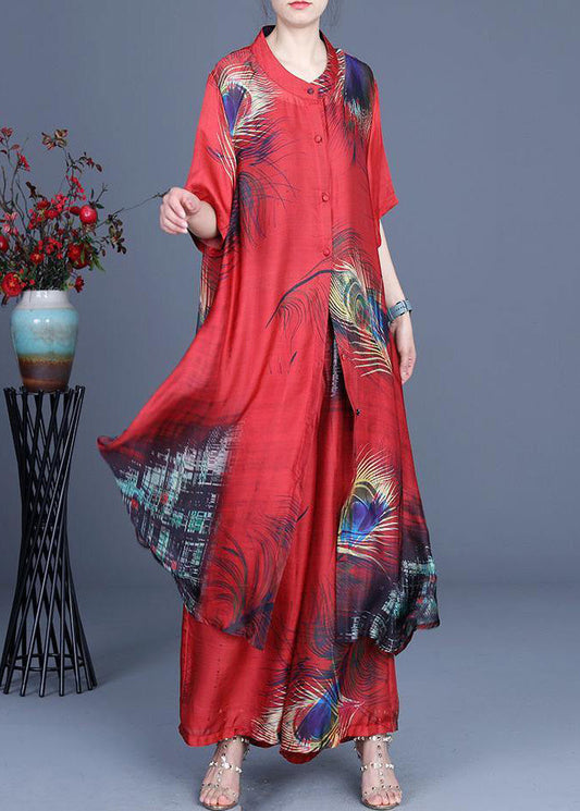Summer Loose Silk Red Print Coat + Two Piece Pants
