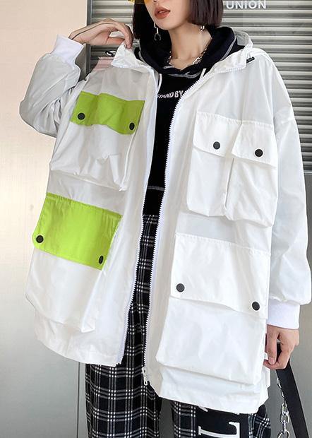 Spring Unique White Colorblock Pockets Zippered Hooded Cotton Jacket