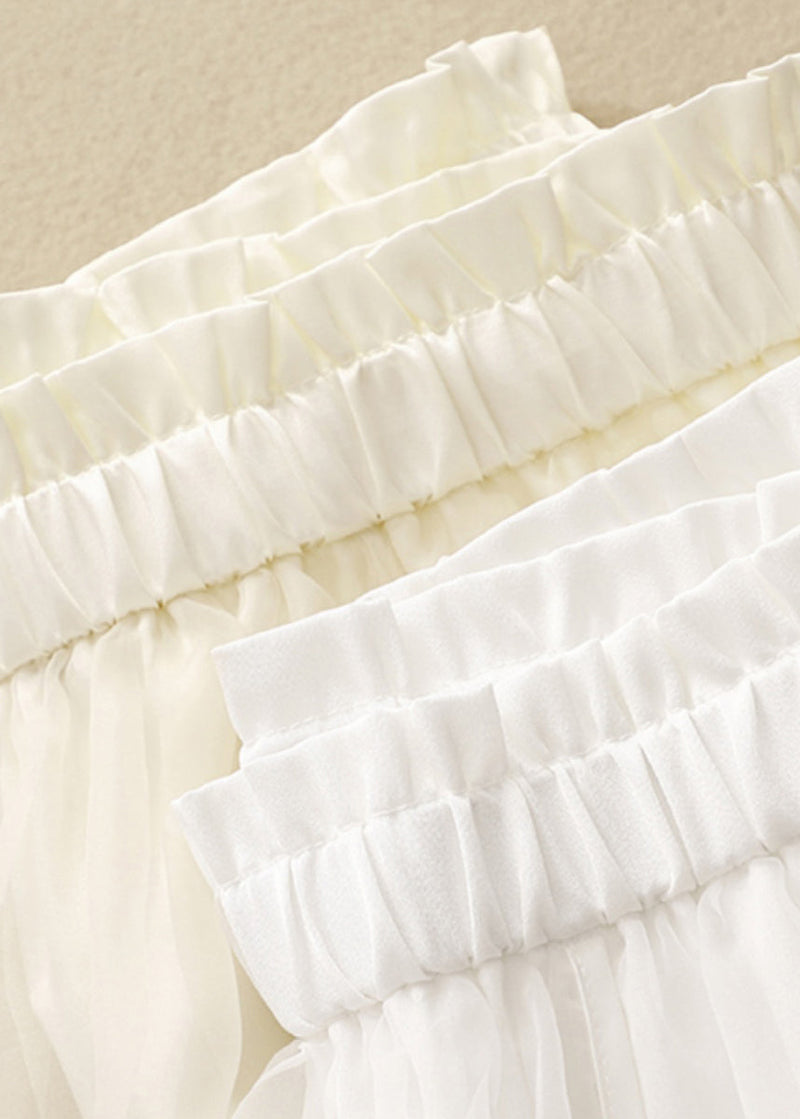 Apricot Elastic Waist Wrinkled Patchwork Tulle Skirts Summer
