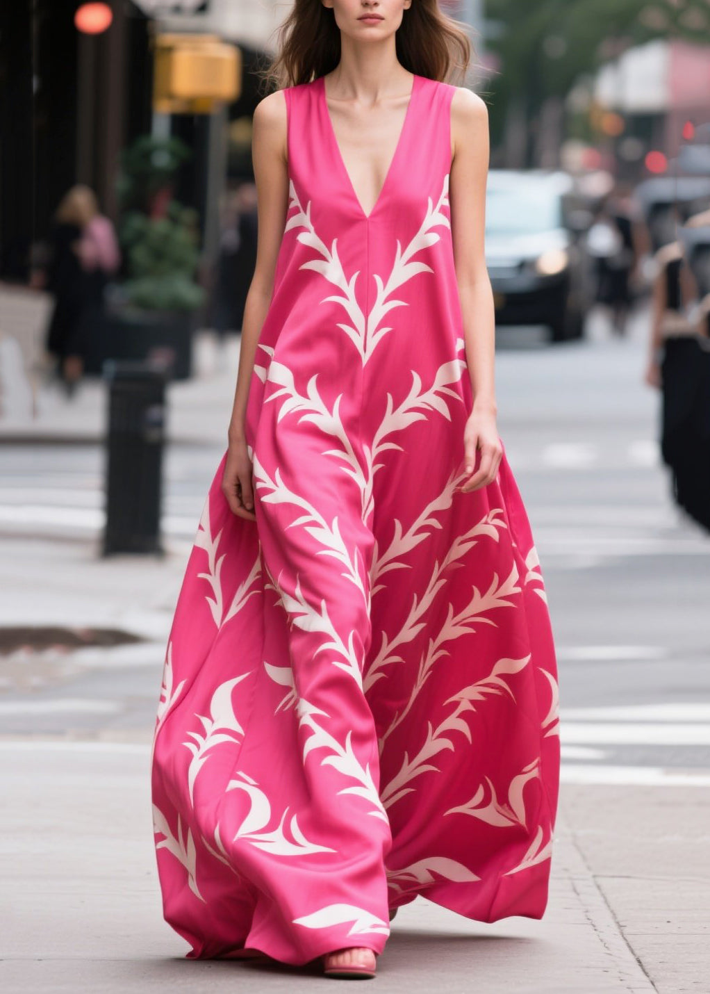 Rose Oversized Print Silk Maxi Dress Summer