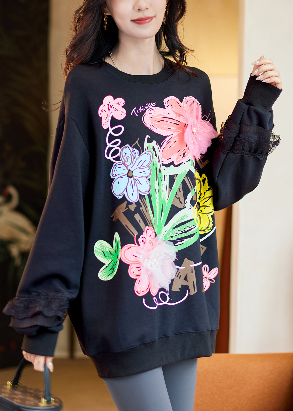 Loose Black O-neck Lace Patchwork Sweatshirt Fall