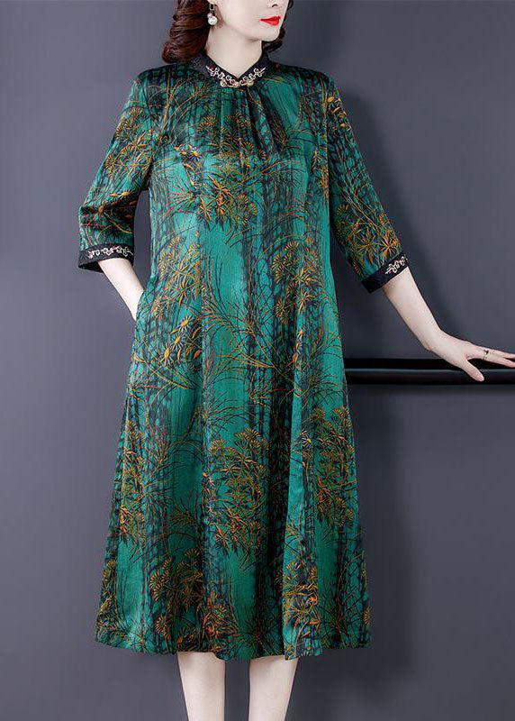 Green Stand Collar Print Silk Dress Half Sleeve