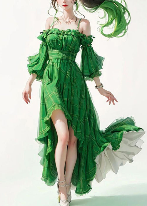 Green Ruffled Patchwork Cotton Spaghetti Strap Dresses Flare Sleeve