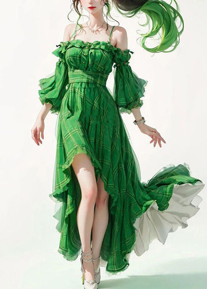 Green Ruffled Patchwork Cotton Spaghetti Strap Dresses Flare Sleeve