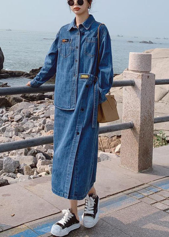Loose Blue Pockets Button Asymmetrical Design Fall Denim Long Sleeve Long Dress