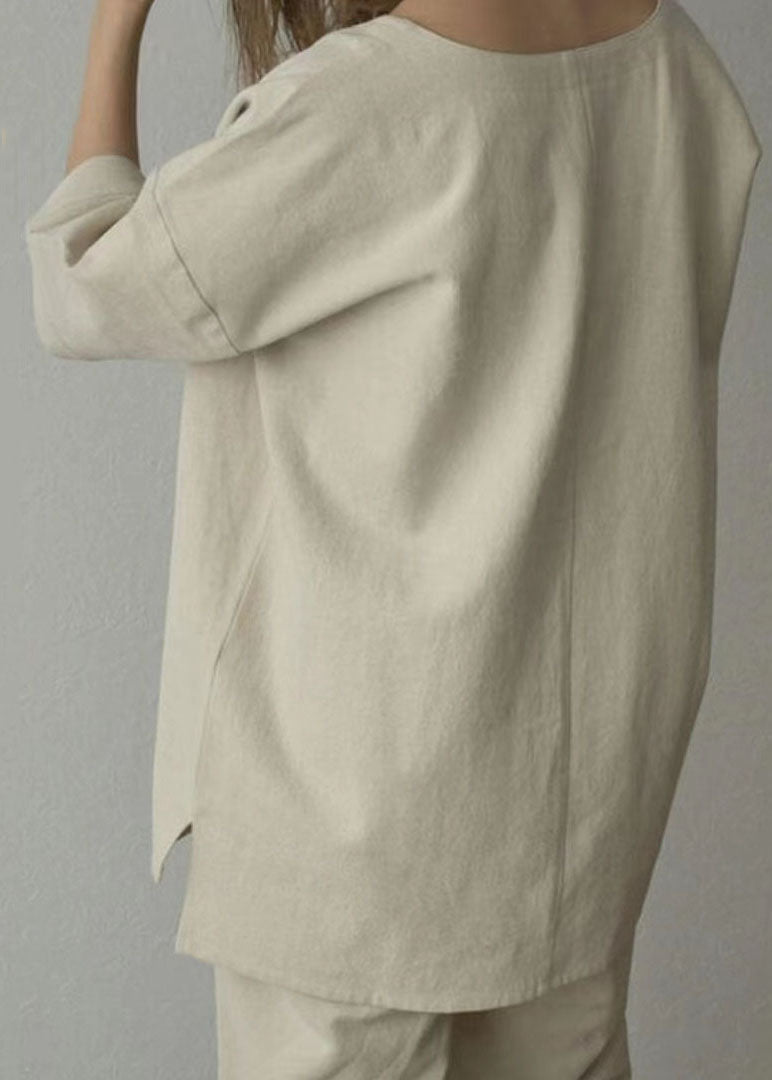 Apricot V Neck Tops and Pants Cotton Two Pieces Set Summer