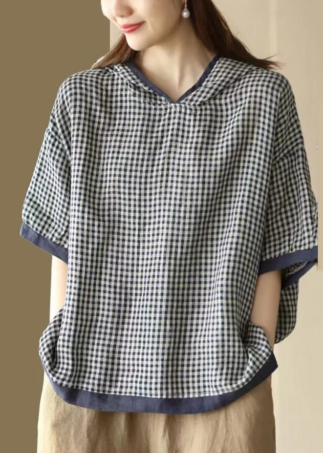 Navy Hooded Plaid Linen Shirt Tops Summer