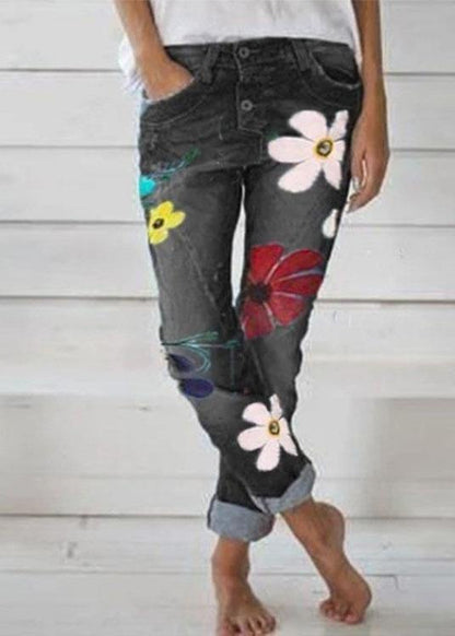 Flower Print Button Denim Long Jeans for