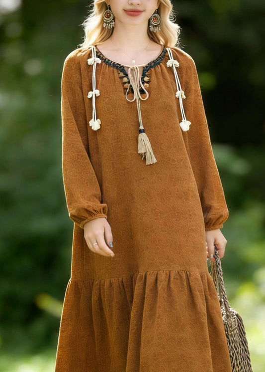 Brown O Neck Jacquard Lace Vacation Dresses Spring