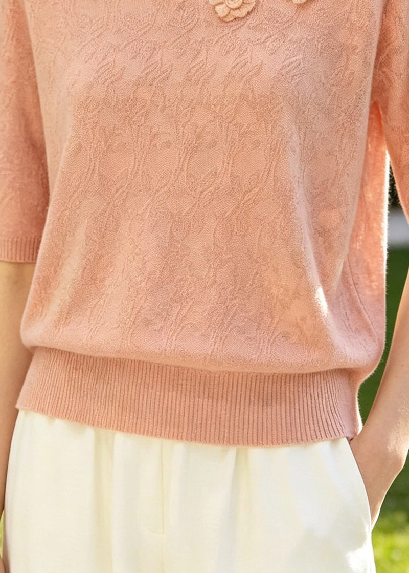 Pink Jacquard Knit Shirt Top Stereoscopic Summer