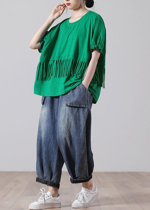 Green O-neck Patchwork Cotton Tank Tops Short Sleeve