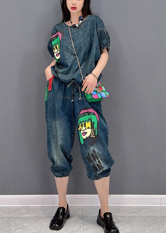 Handmade Blue O-neck Wrinkled Appliques Denim Tops and Pants Two Piece Set Clothing Short Sleeve