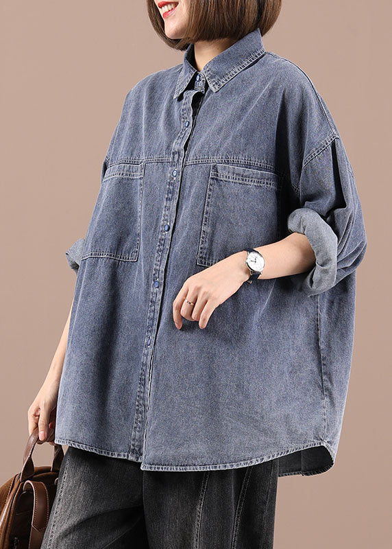 Blue Peterpan Collar Pockets Button Fall Coat Long Sleeve