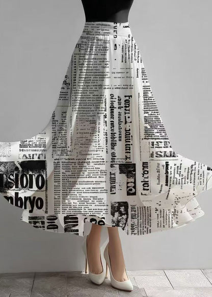Unique White Newspapers Print Draping Chiffon Skirts Fall