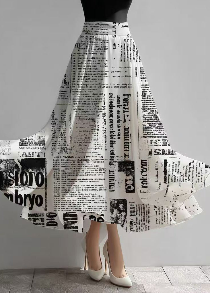 Unique White Newspapers Print Draping Chiffon Skirts Fall