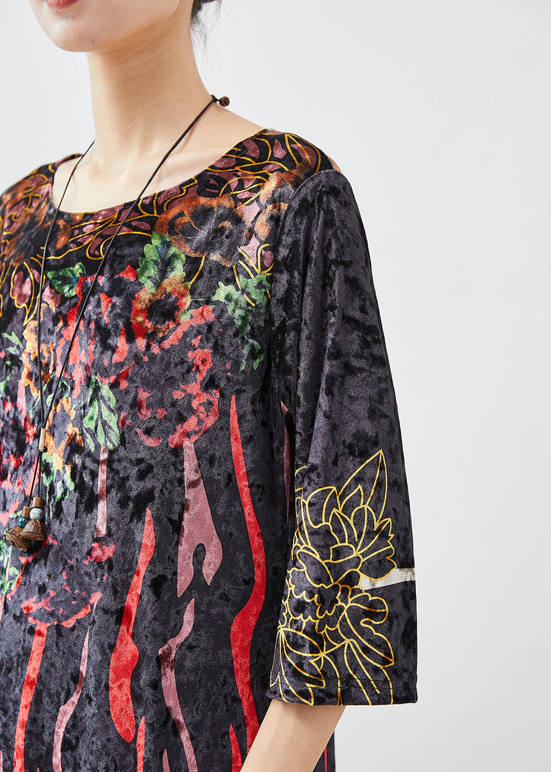 Black Print Silk Velour Maxi Dresses Half Sleeve