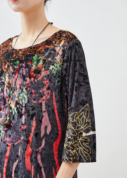 Black Print Silk Velour Maxi Dresses Half Sleeve