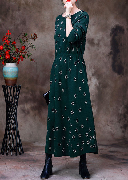 Slim Fit Green O-neck Drawstring Print Knit Long Dress Long Sleeve