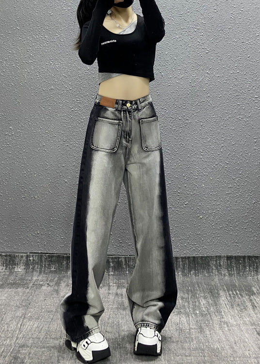 Colorblock Pockets High Waist Denim Wide Leg Pants Fall