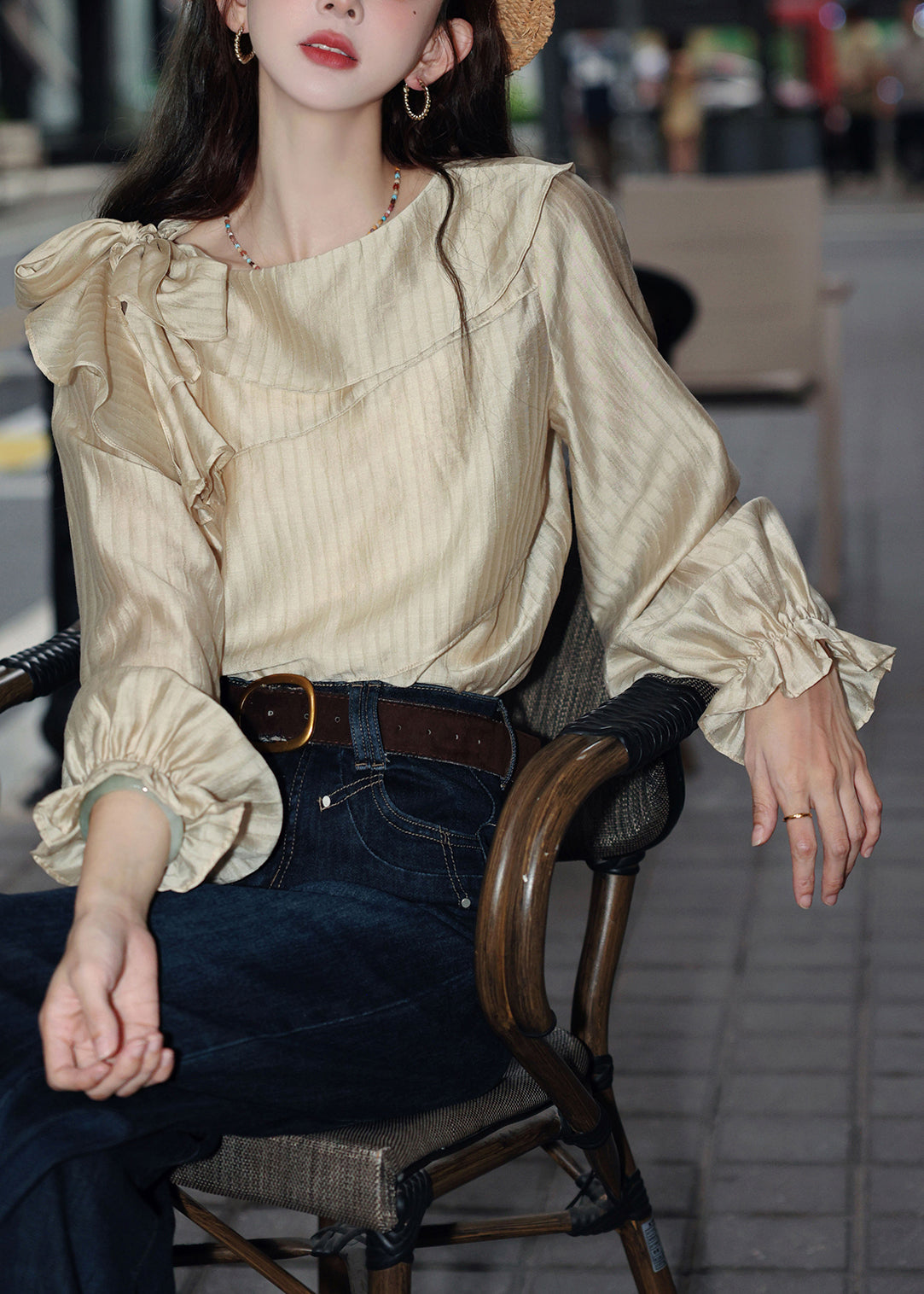 Slim Fit Apricot Striped Lace Up Cotton Blouses Butterfly Sleeve